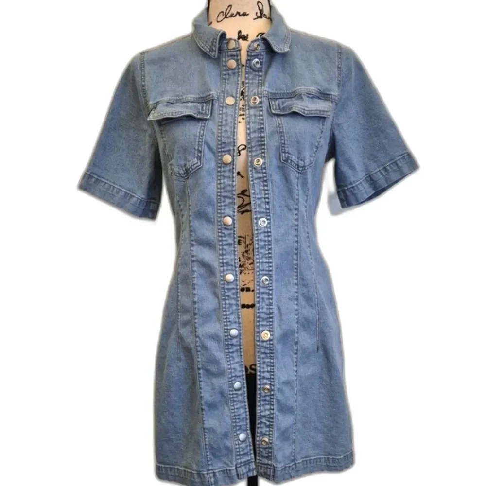 Madewell Denim Mini Dress S Snap Front Hemp Blend Short Sleeve Light Wash Casual - Picture 8 of 11